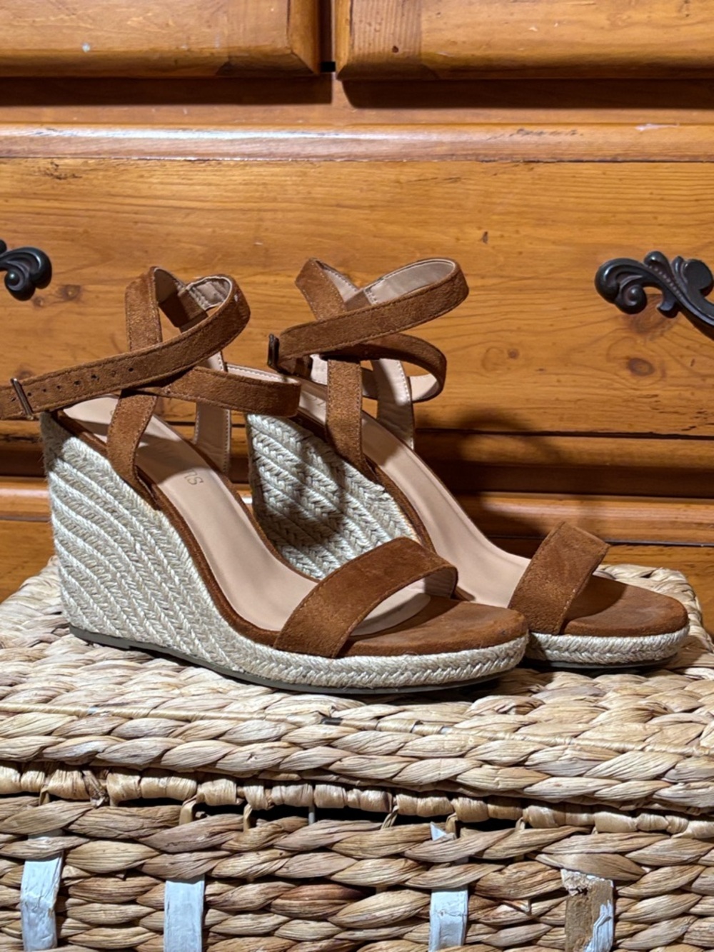 Tan Suede Espadrille Wedge Sandals with Ankle Strap